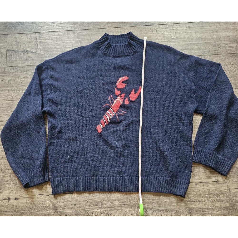 Fisherman Long Sleeve Crewneck Knit Sweater Navy Blue Red Lobster Nautical L